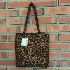 Delicra Brown and Gold Patterned beaded entirely even strap NWT Tote Bag stunner